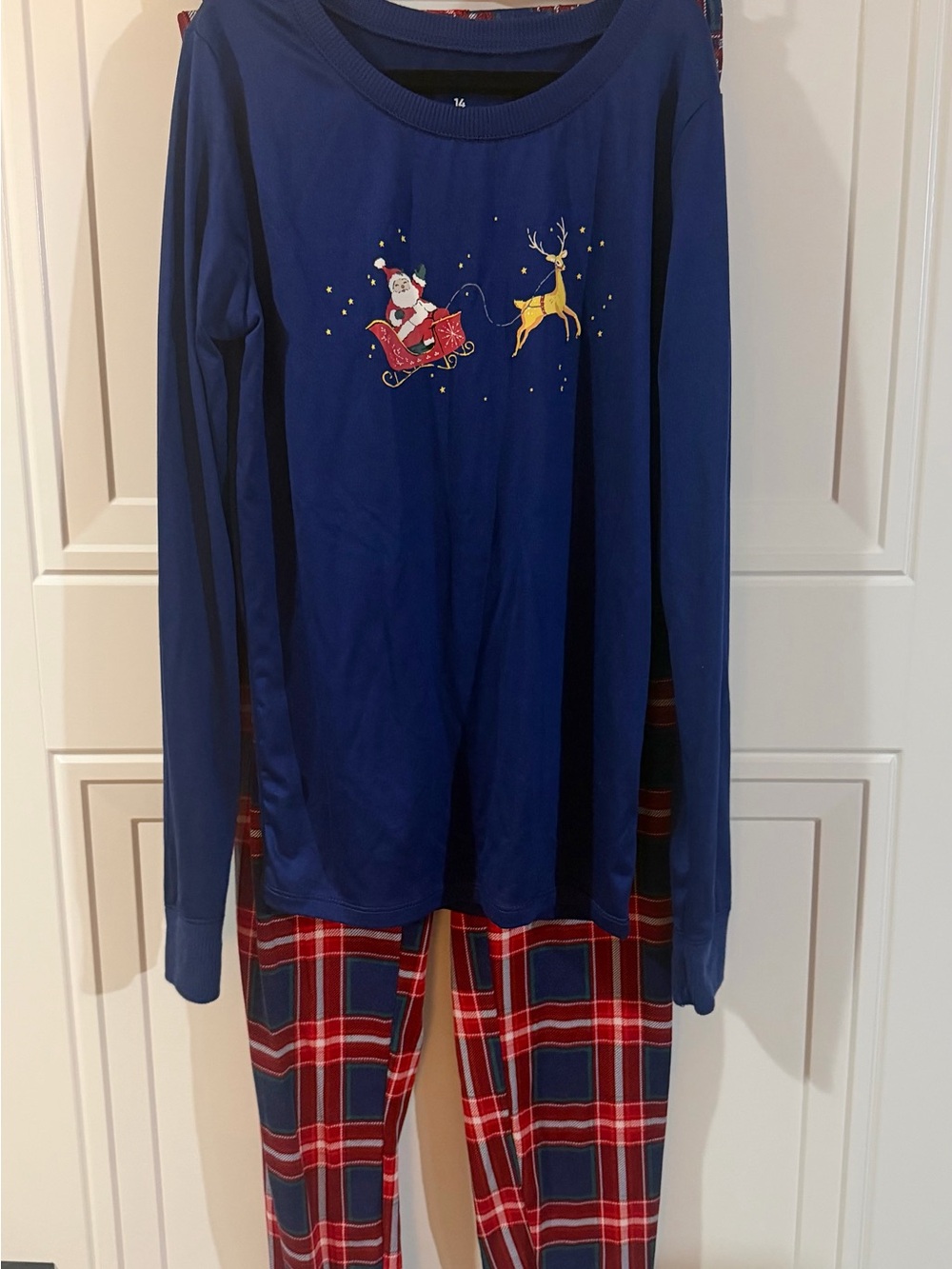 Blue Santa & Reindeer Kids Pajama Set with Red Plaid Pants